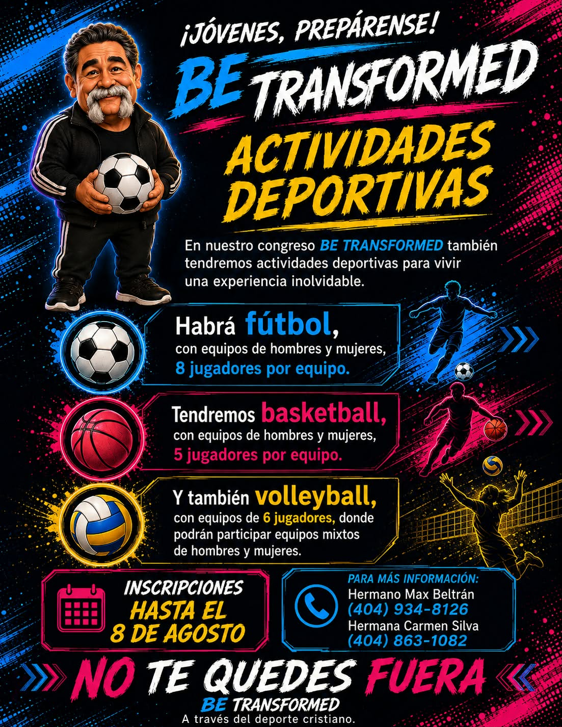 Flyer de actividades deportivas: fútbol, basketball y volleyball